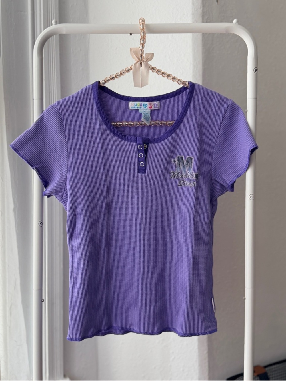 Vintage Mudd Sleepwear cap sleeve waffle henley logo pj top purple Med